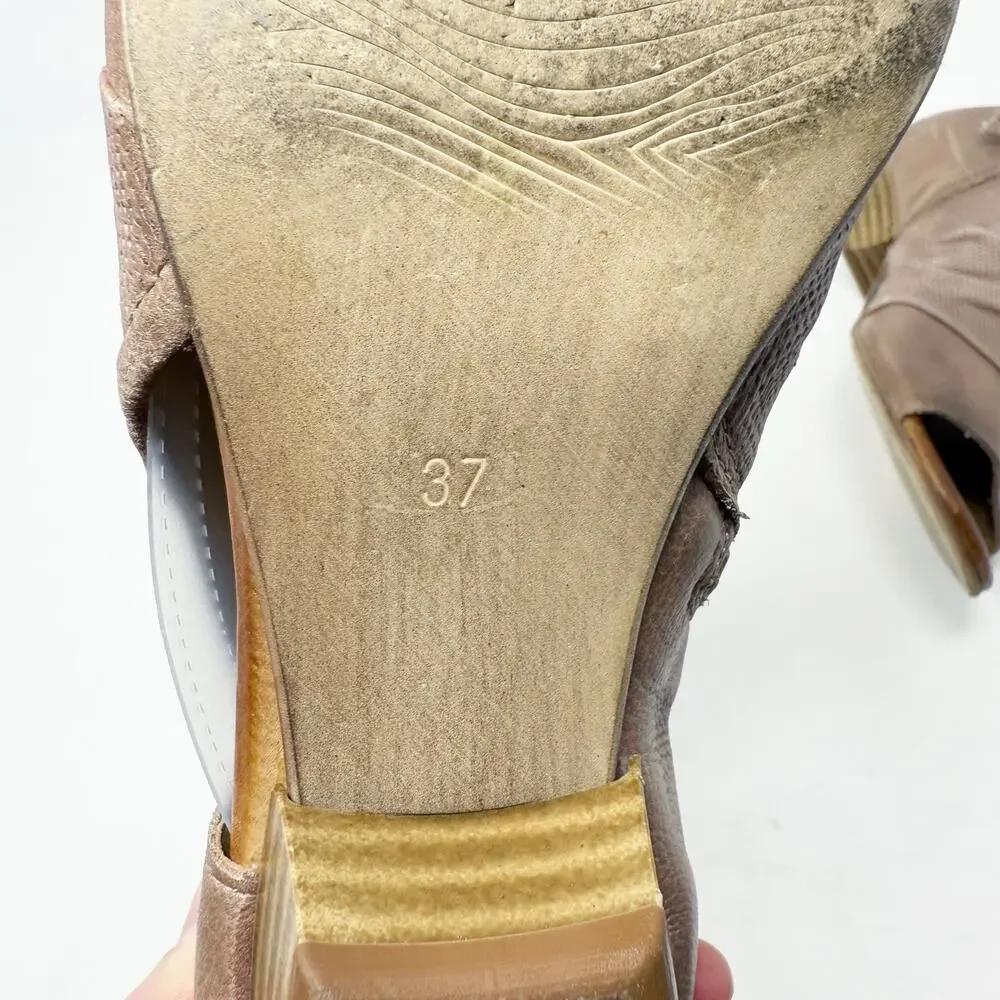 Miz Mooz Taupe Leather Canterbury Open Toe Booties EU 37 Side Zip Made in Bosnia